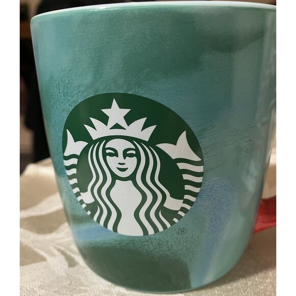 Starbucks Christmas Green Marbled Coffee Mug 12 Oz Red Handle Holiday Season - Picture 7 of 7